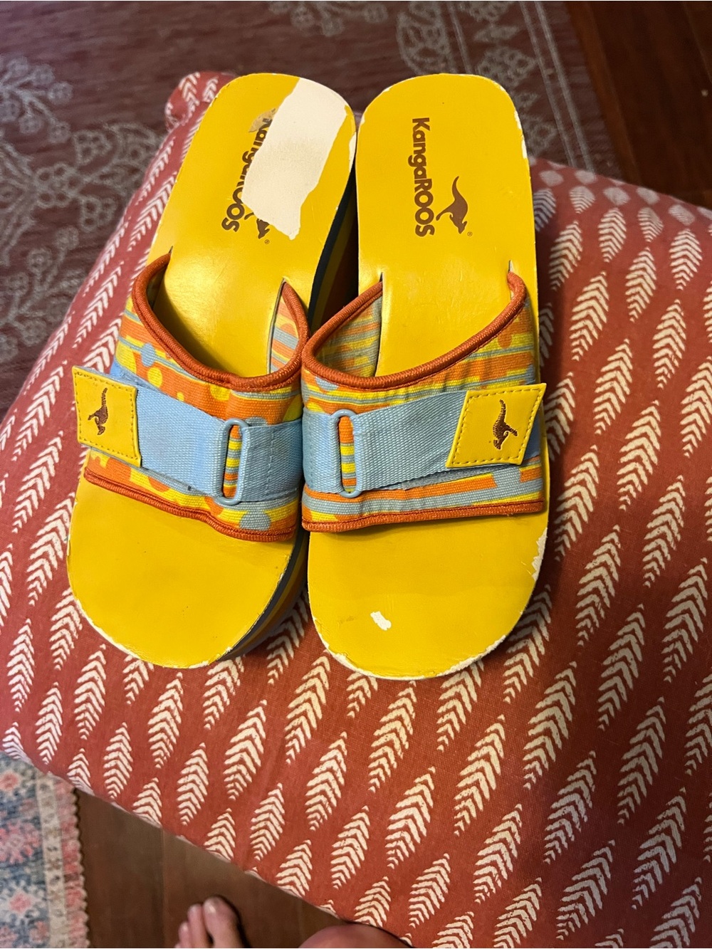 kangaROOS Bright Yellow Kids Slide Sandals with Blue and Orange Trim